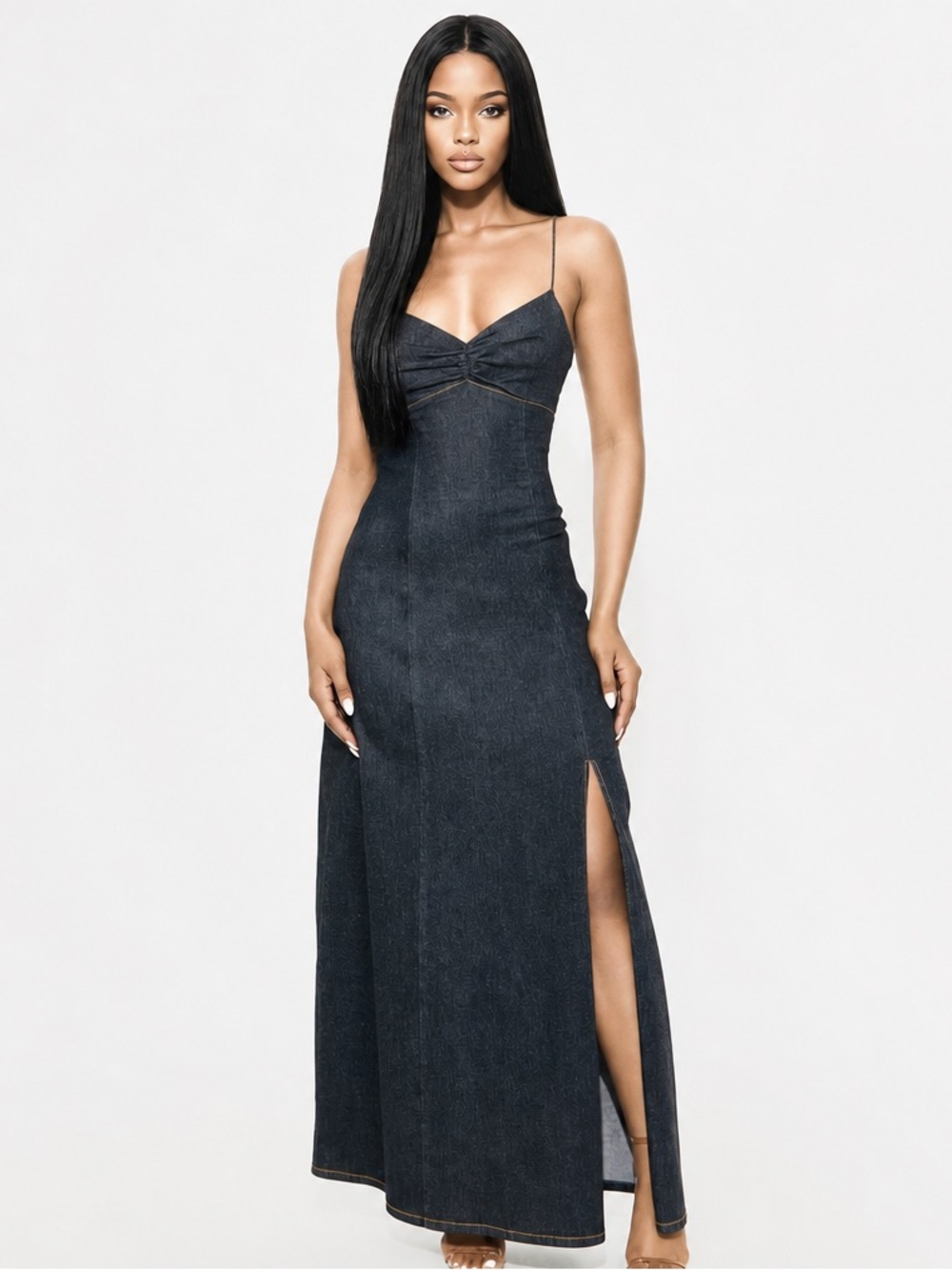 Fashion Nova Dark Blue Denim Maxi Dress with Side Slit